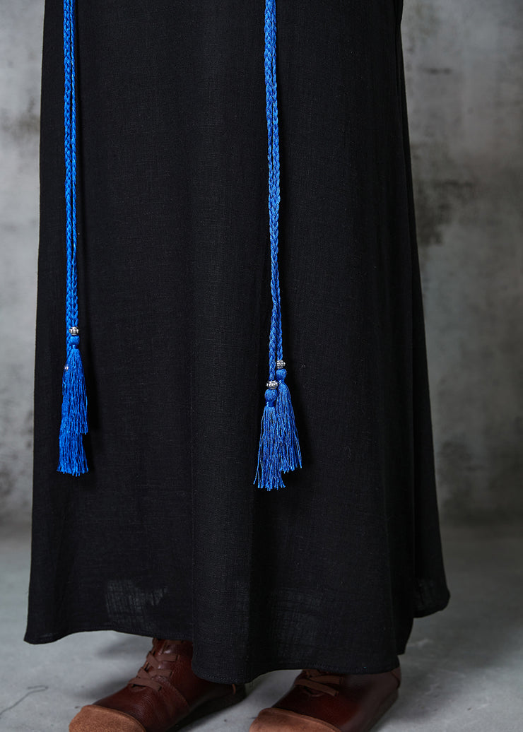 Ethnic Style Black Embroidered Tasseled Cotton Holiday Dress Sleeveless