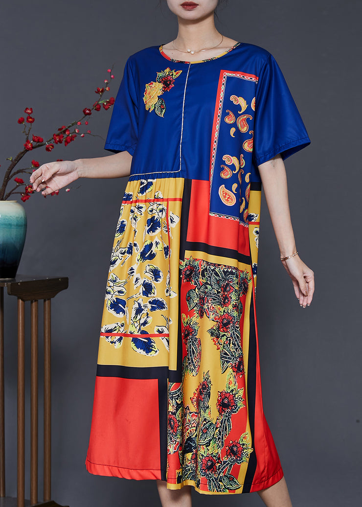 Ethnic Style Blue Oversized Print Silk Dresses Summer