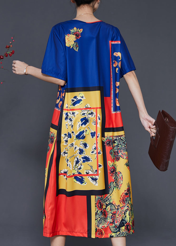 Ethnic Style Blue Oversized Print Silk Dresses Summer