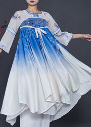 Ethnic Style Blue Print Gradient Color Silk Dresses Summer