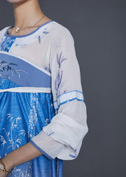 Ethnic Style Blue Print Gradient Color Silk Dresses Summer