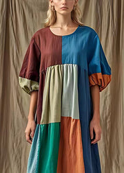 Ethnic Style Colorblock Puff Sleeve Cotton Long Dress