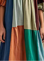 Ethnic Style Colorblock Puff Sleeve Cotton Long Dress
