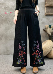 Ethnic Style Embroidered Elastic Waist Wide Leg Pants Spring