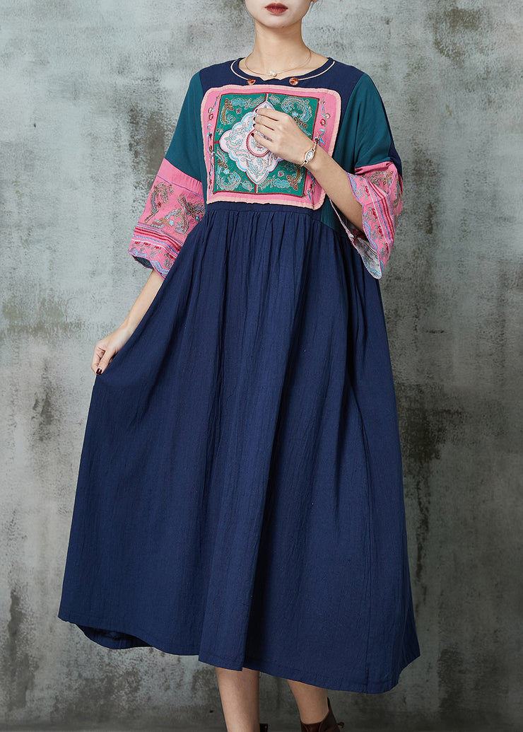 Ethnic Style Navy Embroidered Patchwork Linen Dresses Summer