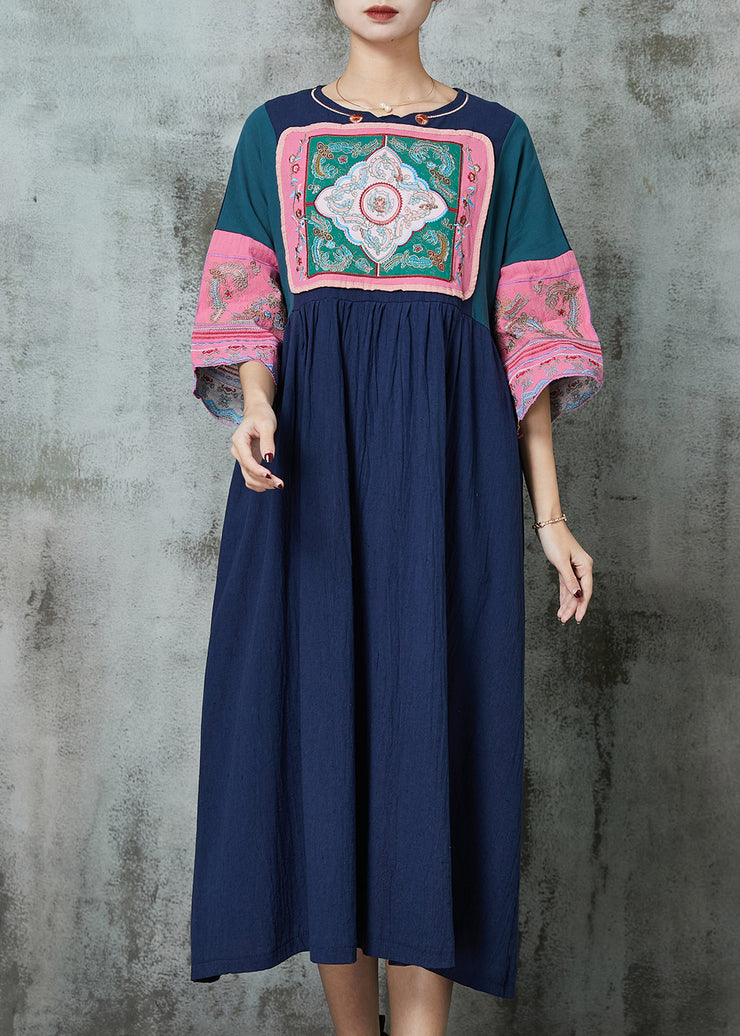Ethnic Style Navy Embroidered Patchwork Linen Dresses Summer