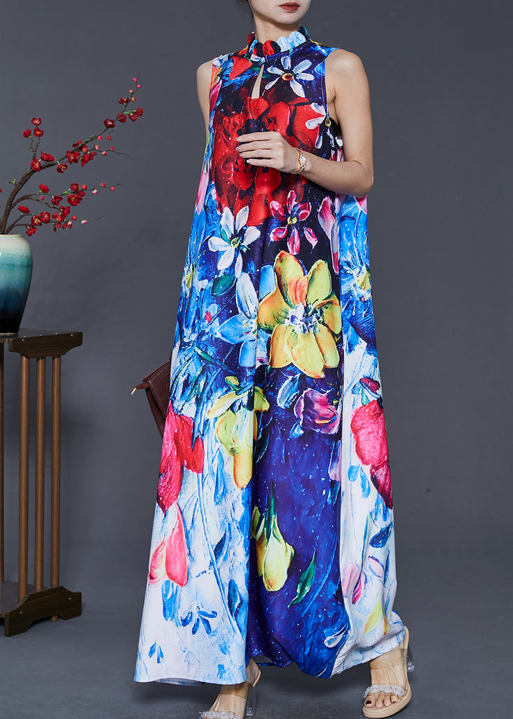 Ethnic Style Peacock Blue Mandarin Collar Print Cotton Dresses Sleeveless