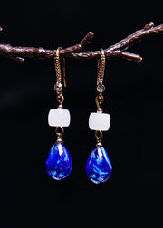 Ethnic Style Peacock Blue Water Droplet Gem Stone Drop Earrings