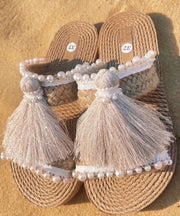Ethnic Style Tassel Grass Woven Beach Flat Slide Sandals