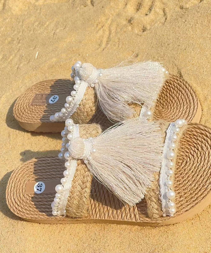 Ethnic Style Tassel Grass Woven Beach Flat Slide Sandals