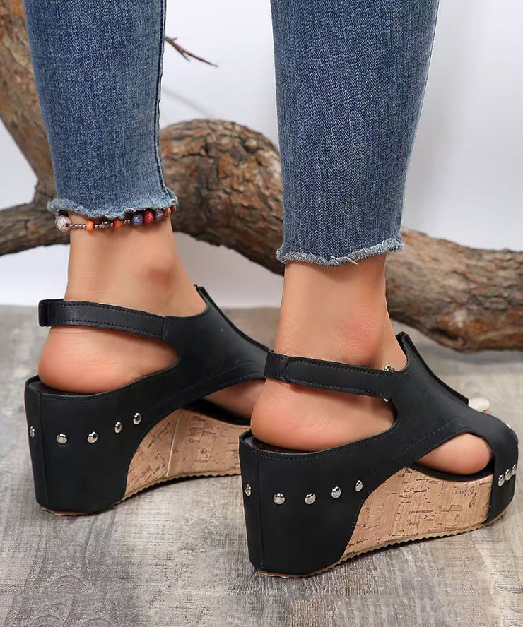 European American Style Black Splicing Wedge Sandals Hollow Out Peep Toe