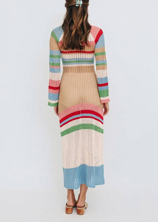 European And American Contrasting Color U-Neck Hollow Out Knit Cover Up