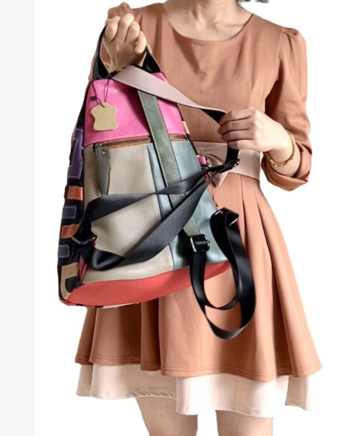 European And American Fashion Colorful Cowhide Patchwork Backpack