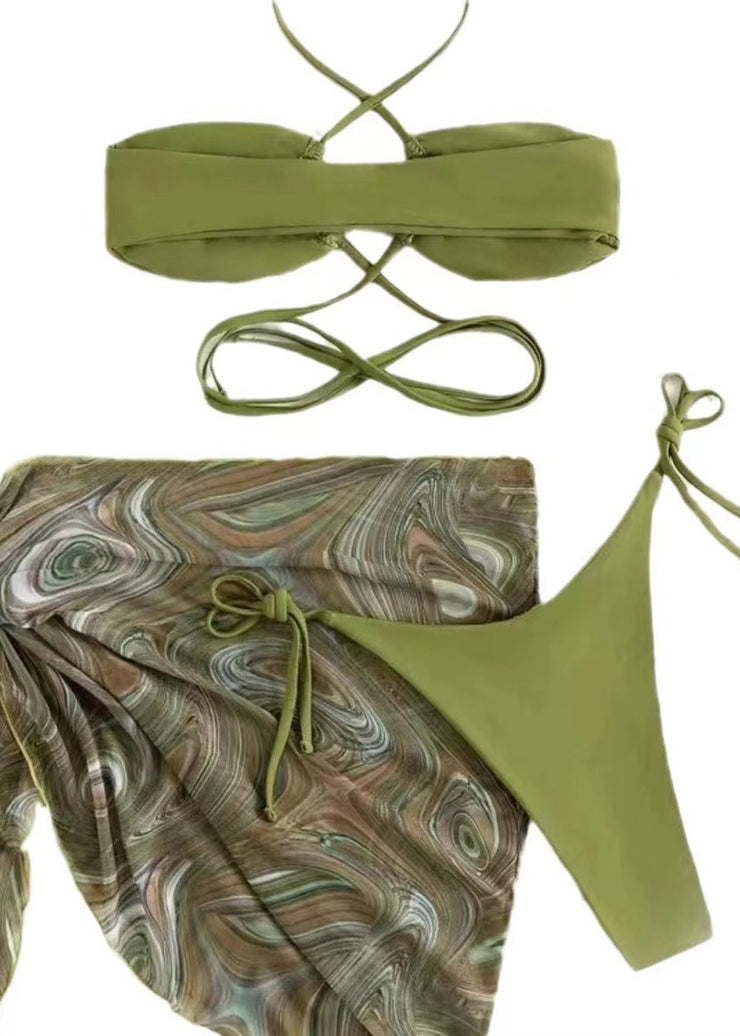 European And American Sexy Green Backless Bikini Swimwear Set