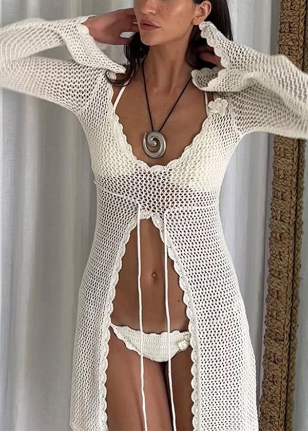 European And American Sexy White Hollow Out Beach Knitted Cover Up