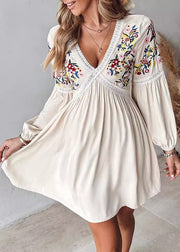 European And American Style Apricot Embroidered Cotton Mid Dress Long Sleeve