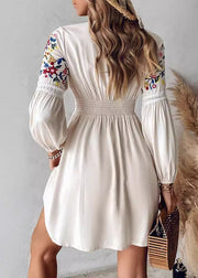 European And American Style Apricot Embroidered Cotton Mid Dress Long Sleeve