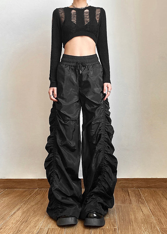 European And American Style Black Cinched High Waisted Pants Summer