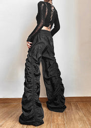 European And American Style Black Cinched High Waisted Pants Summer