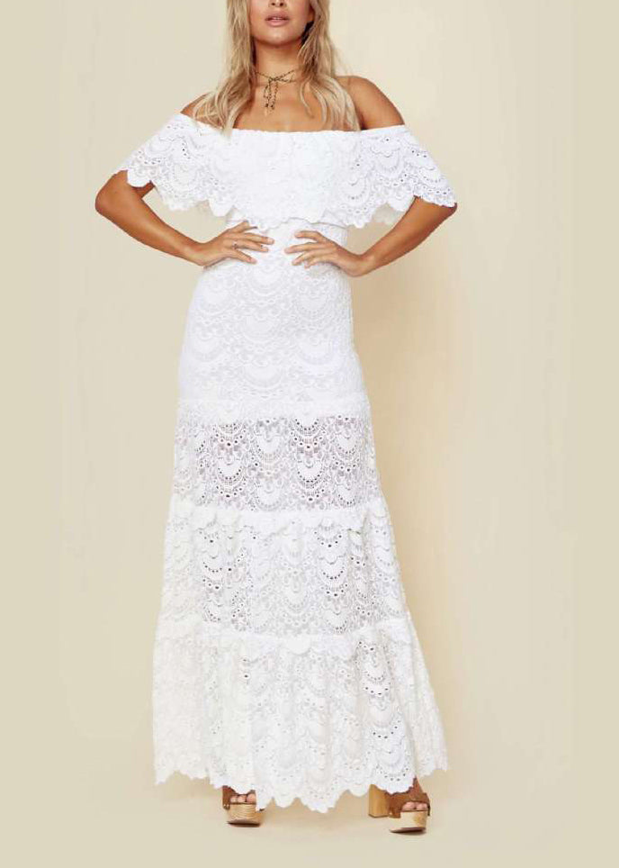 European And American Style White Cold Shoulder Lace Dresses Summer