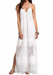 European And American Style White V Neck Lace Spaghetti Strap Dress Summer