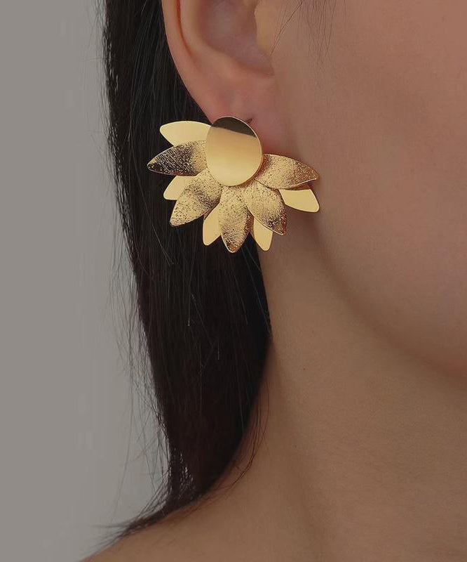 Exaggerated Gold Heavy Metal Floral Earrings For Women