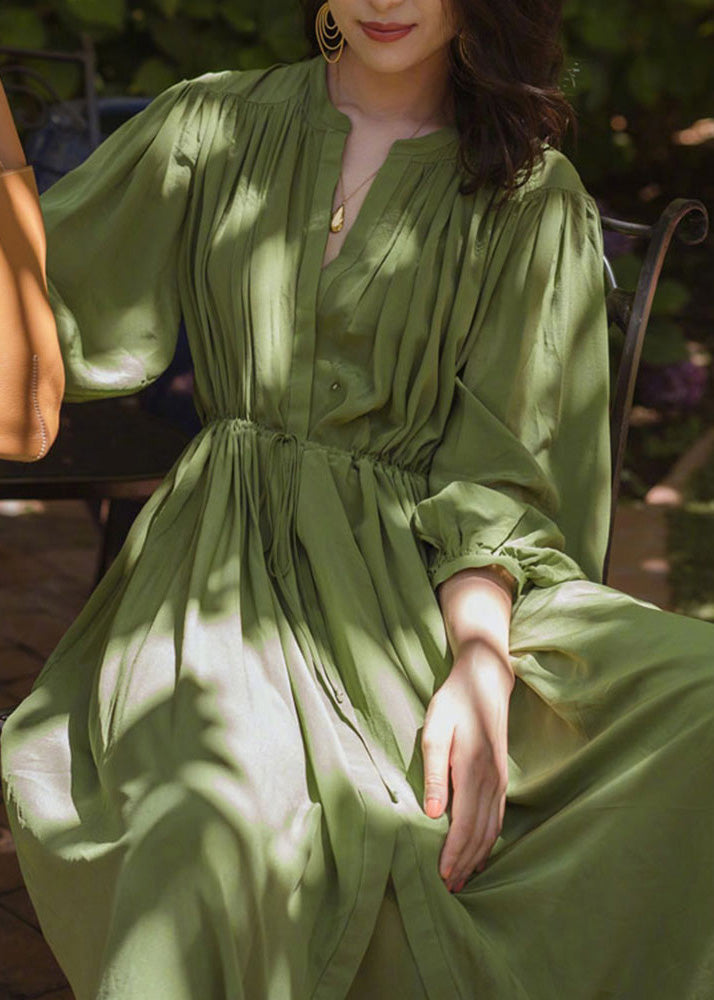 Fashio Green O-Neck Cinched Wrinkled Solid Chiffon Maxi Dress Spring