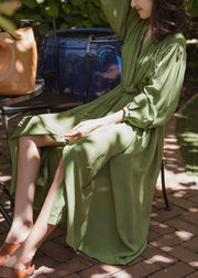 Fashio Green O-Neck Cinched Wrinkled Solid Chiffon Maxi Dress Spring