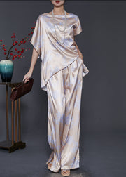 Fashion Apricot Asymmetrical Patchwork Print Draping Silk Two Pieces Set Summer