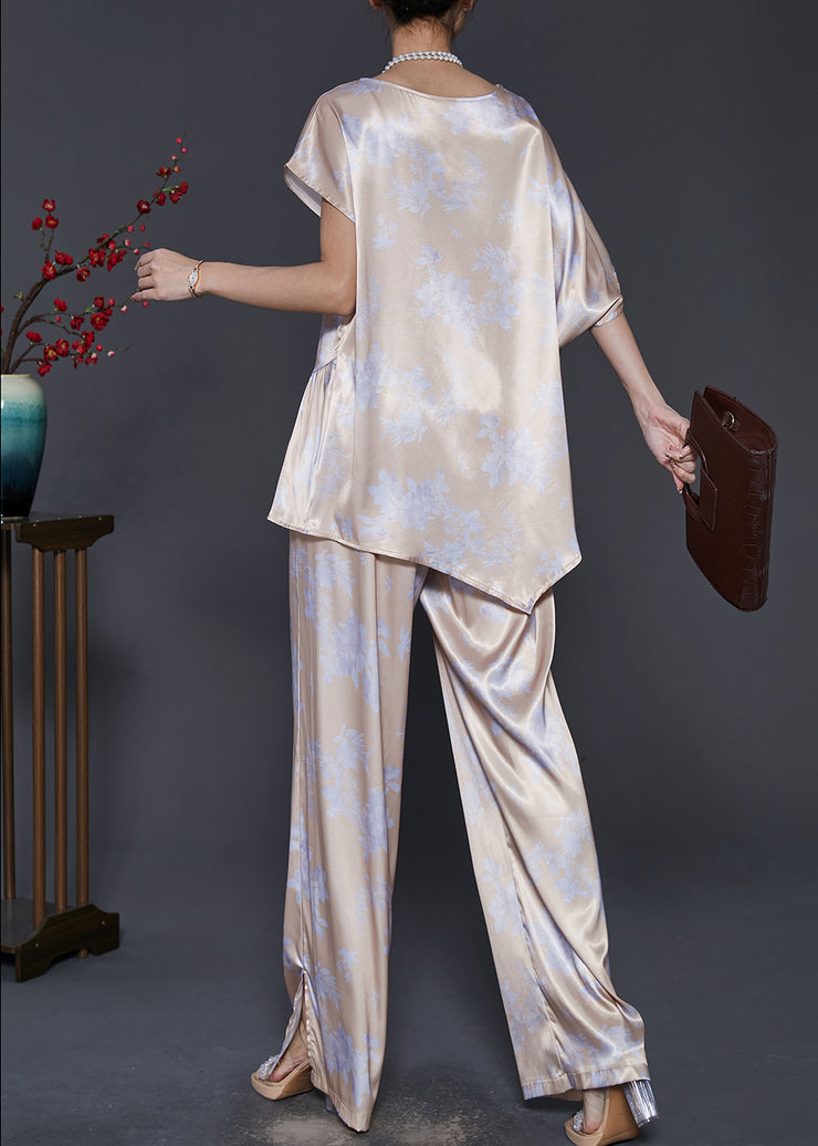 Fashion Apricot Asymmetrical Patchwork Print Draping Silk Two Pieces Set Summer