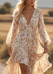 Fashion Apricot Asymmetrical Print Cotton Robe Dresses Spring