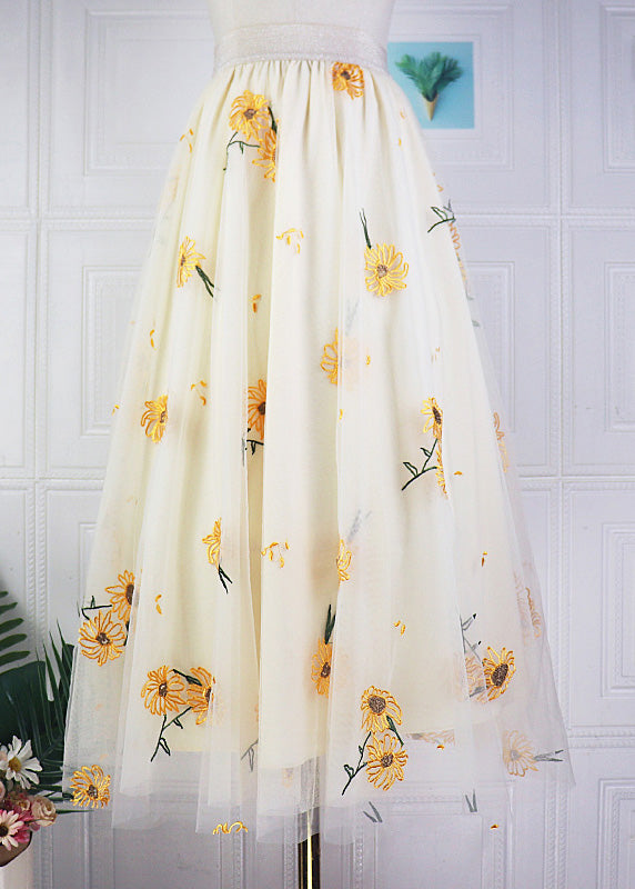 Fashion Apricot Embroideried Floral High Waist Tulle Maxi Skirt Spring