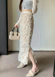 Fashion Apricot High Waist Feathers Sequins Skirts Spring