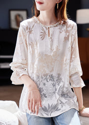 Fashion Apricot O-Neck Nail Bead Hollow Out Chiffon Shirt Long Sleeve