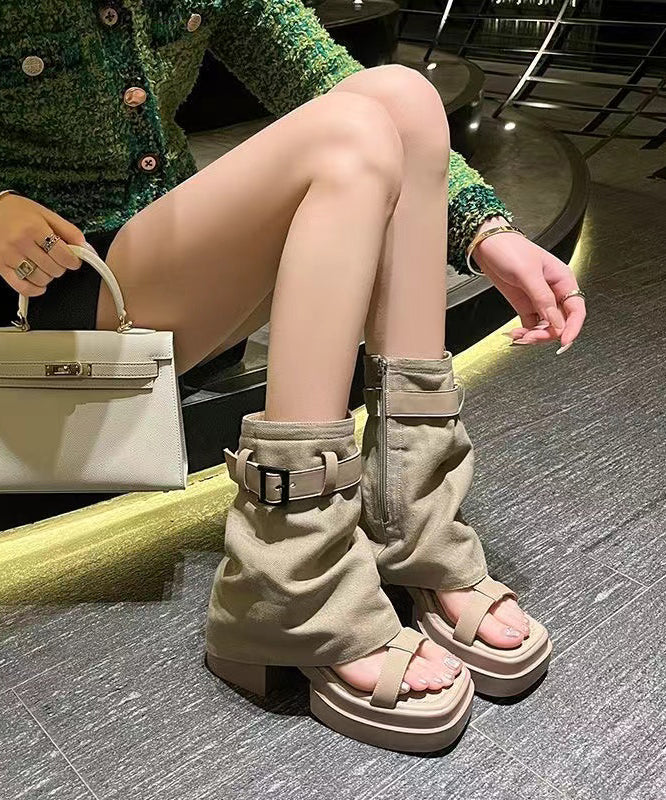 Fashion Apricot Peep Toe Chunky Heel Sandals Boots