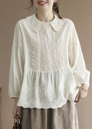 Fashion Apricot Peter Pan Collar Embroideried Cotton Shirt Tops Spring