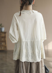 Fashion Apricot Peter Pan Collar Embroideried Cotton Shirt Tops Spring