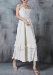 Fashion Apricot Ruffled Wrinkled Cotton Spaghetti Strap Dress Summer