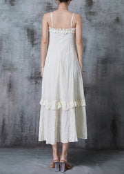 Fashion Apricot Ruffled Wrinkled Cotton Spaghetti Strap Dress Summer