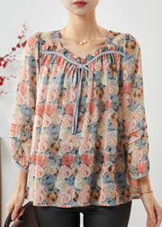 Fashion Apricot Square Collar Floral Print Chiffon Top Bracelet Sleeve