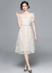 Fashion Apricot Square Collar Zircon Embroideried Tulle Dresses Summer