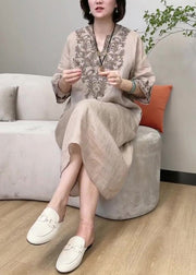 Fashion Apricot V Neck Embroideried Linen Long Dress Long Sleeve