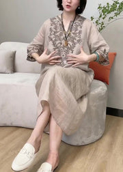 Fashion Apricot V Neck Embroideried Linen Long Dress Long Sleeve