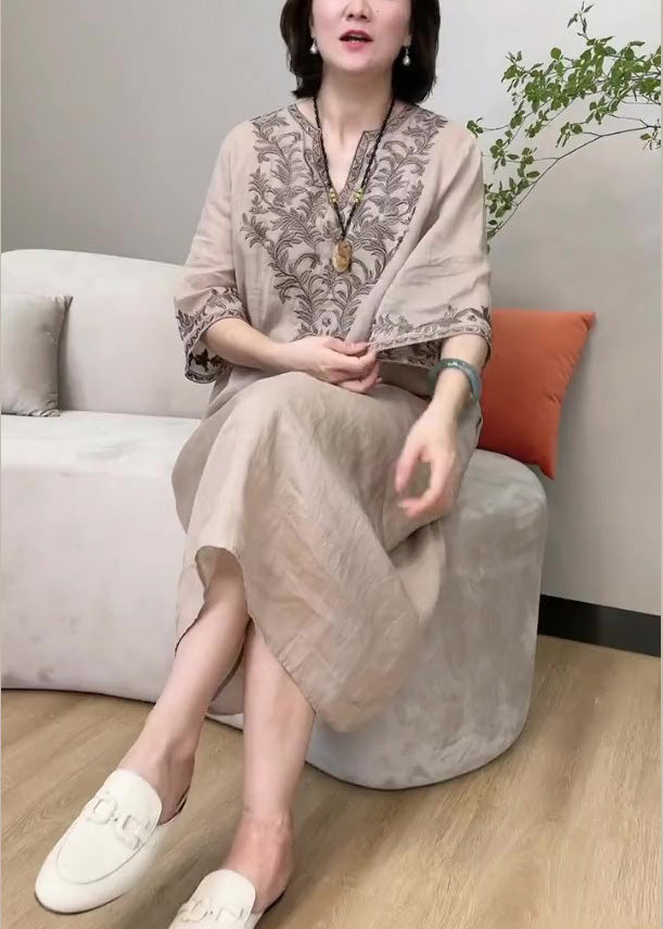 Fashion Apricot V Neck Embroideried Linen Long Dress Long Sleeve