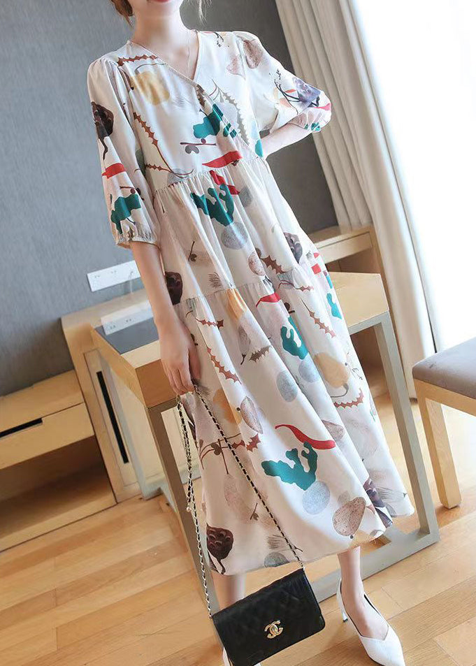 Fashion Apricot V Neck Print Cotton Long Dress Half Sleeve