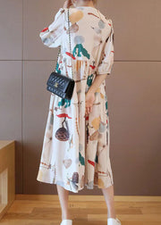 Fashion Apricot V Neck Print Cotton Long Dress Half Sleeve