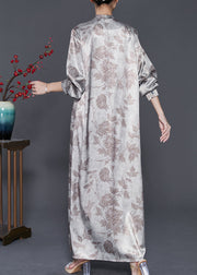 Fashion Apricot V Neck Print Silk Maxi Dresses Spring