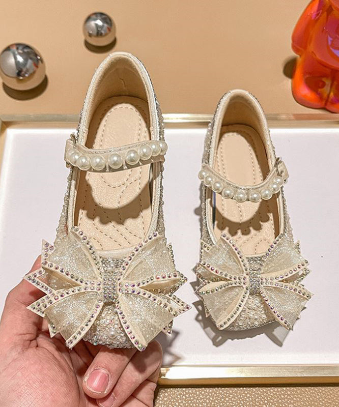 Fashion Apricot Zircon Pearl Kids Buckle Strap Flats