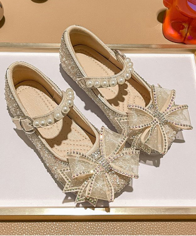 Fashion Apricot Zircon Pearl Kids Buckle Strap Flats