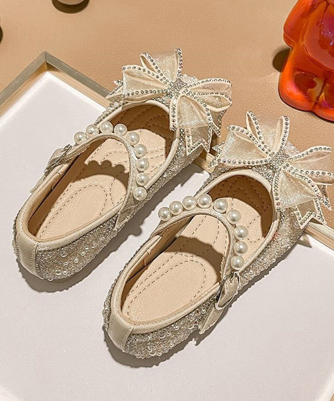 Fashion Apricot Zircon Pearl Kids Buckle Strap Flats